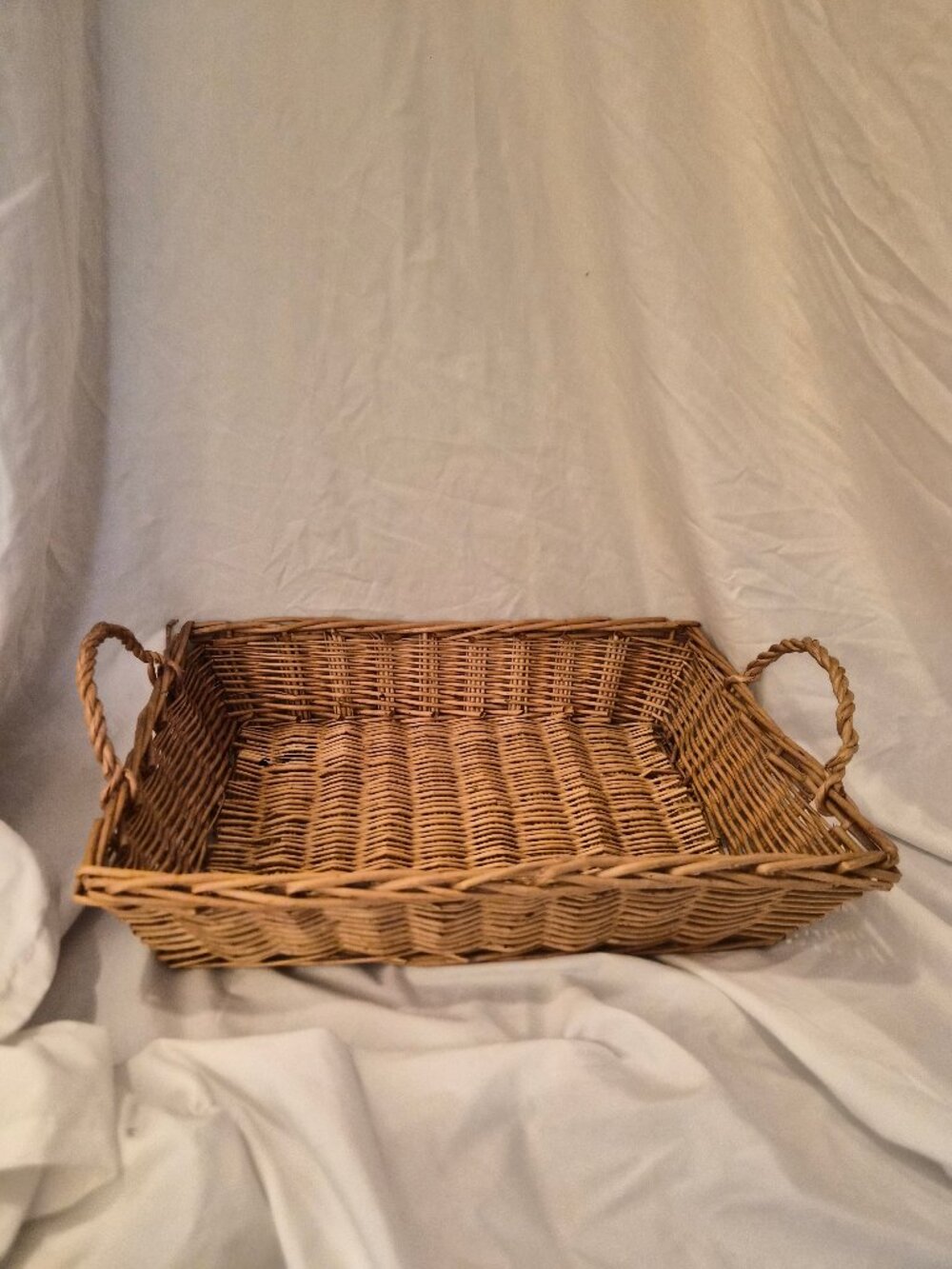 VTG MCM Rustic Wicker Rectangular Serving Tray Farmhouse Cottagecore w/ Handles